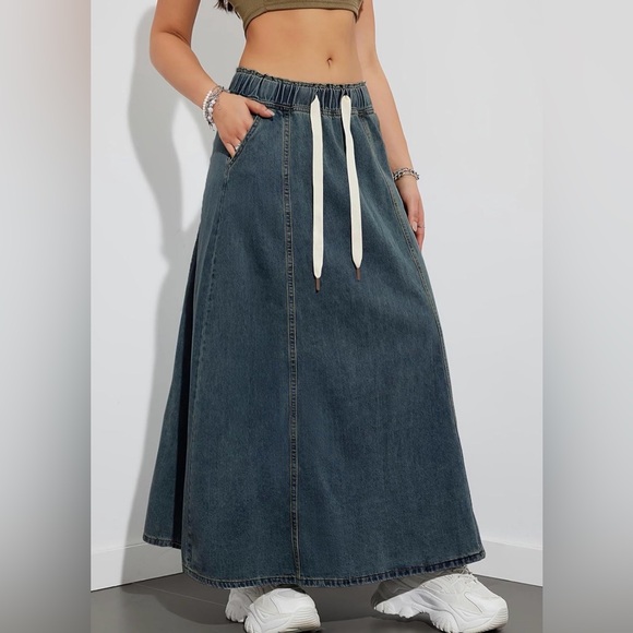 Elastic High Waist Long Denim Skirt Jean Skirt Cargo Flare A Line Maxi Dress - Picture 3 of 5